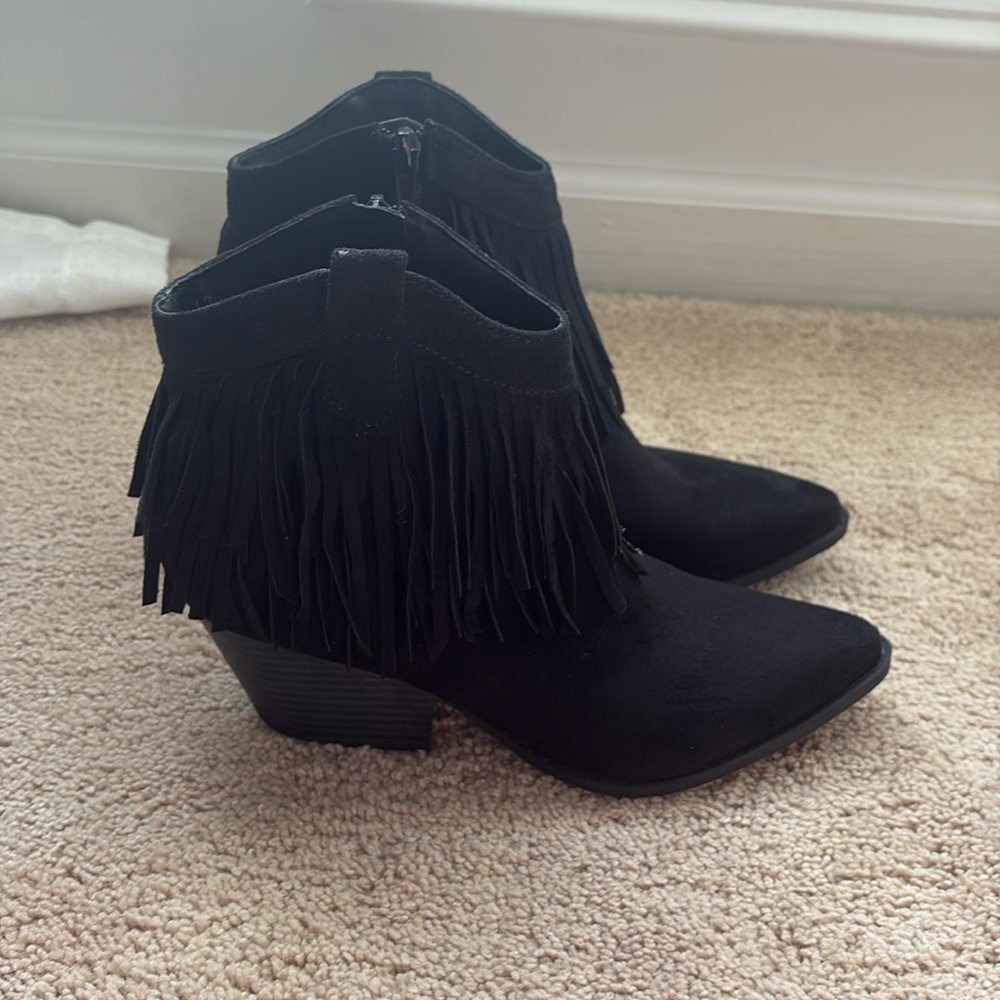 Black Fringe Pointed Cowboy Booties Boots Size 7